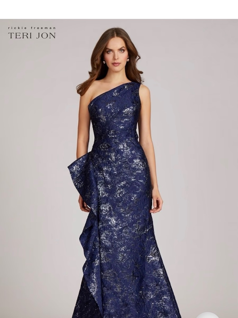 Teri Jon Navy and Metallic One-Shoulder Evening Gown